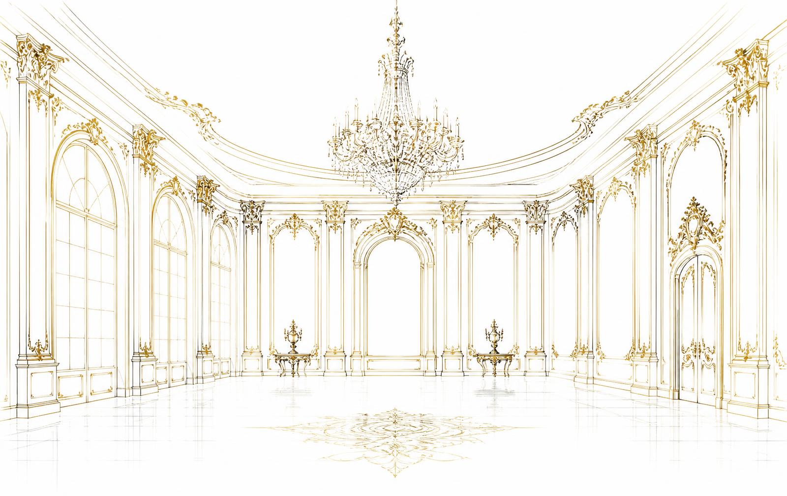 Gold line illustration of an ornate private ballroom